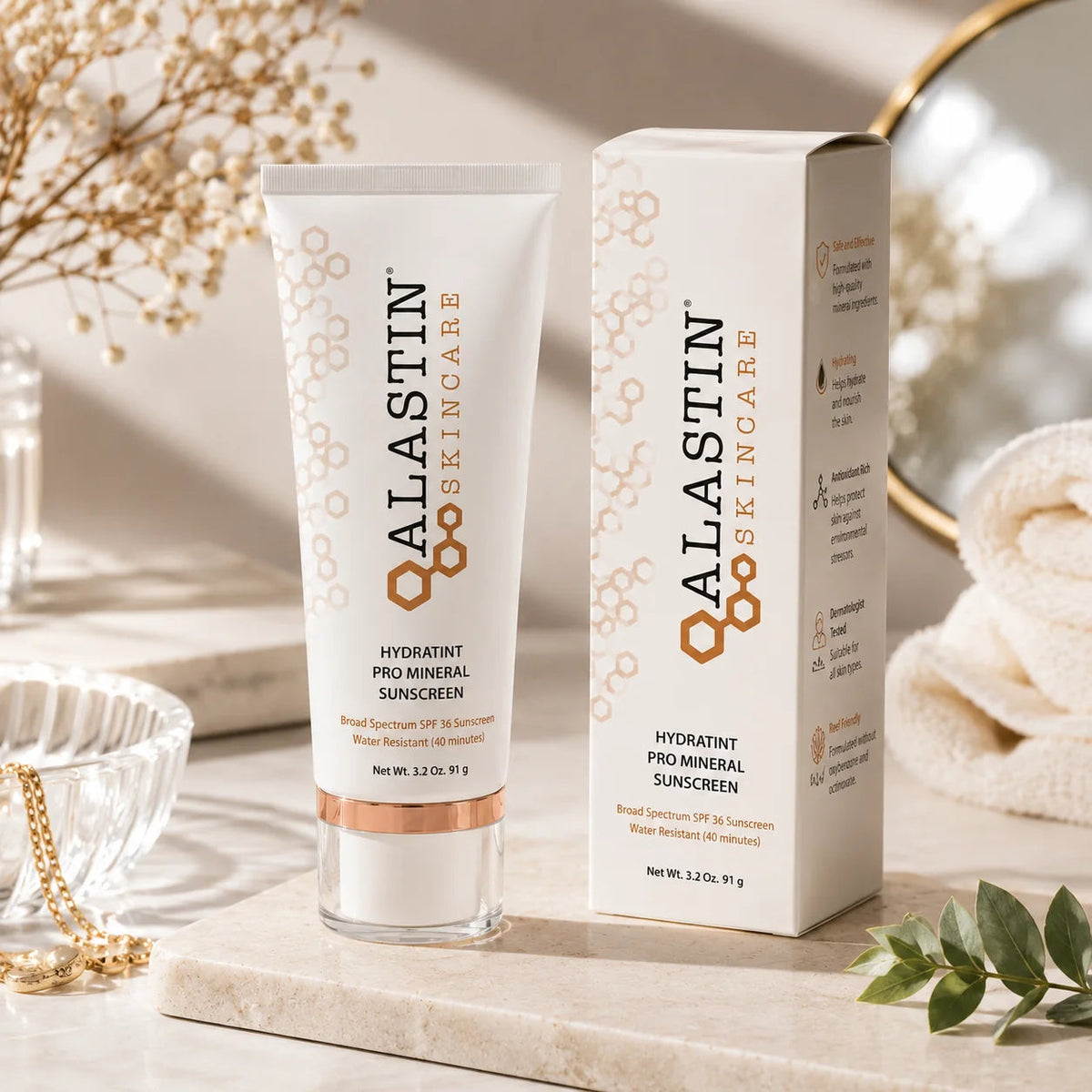 Alastin Skincare Hydratint Pro Mineral Sunscreen SPF 36 tube and box on marble surface