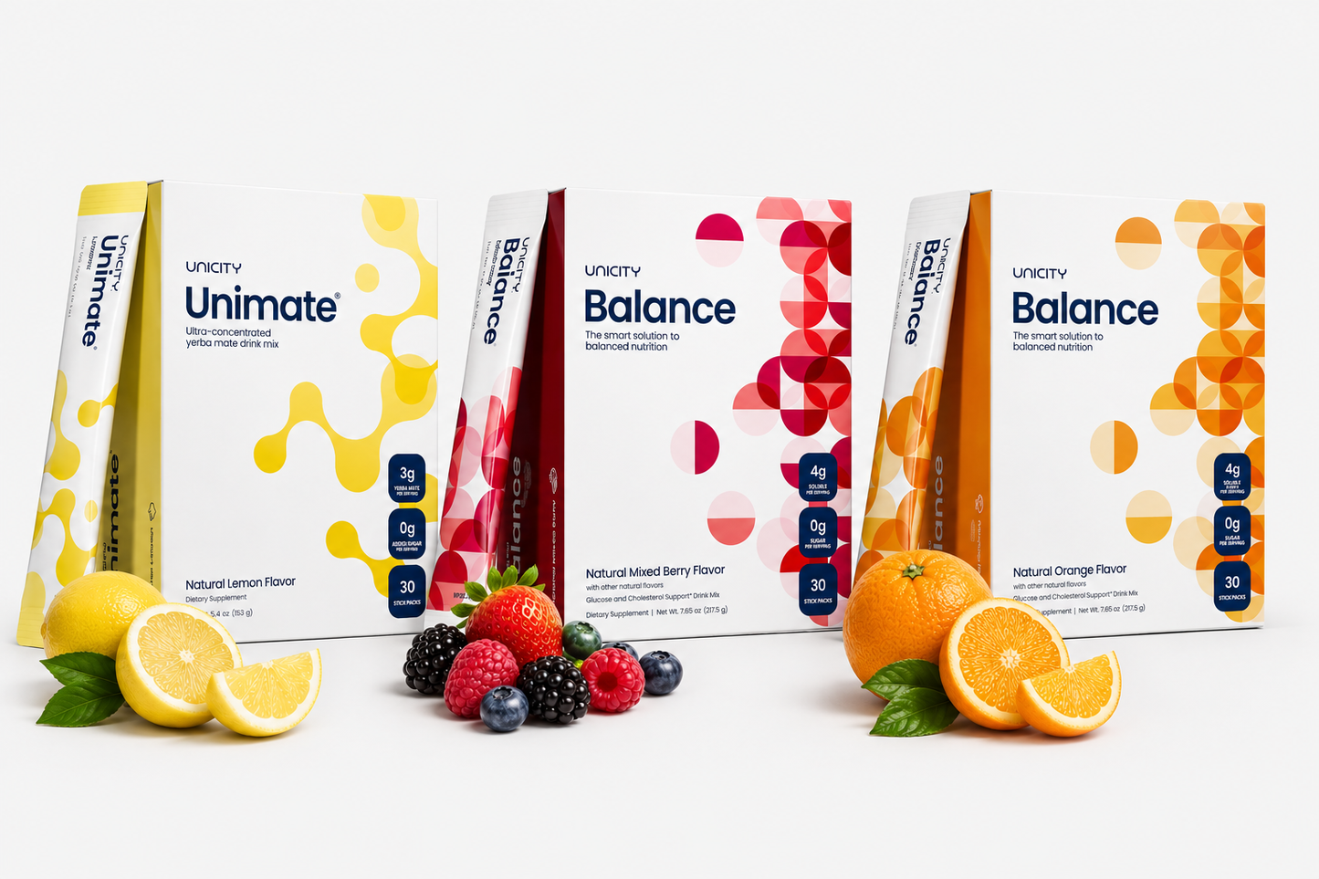 Unicity Balance Trio – Complete Wellness Bundle |Orange,Lemon and Mixed Berry Flavours |3 x 30 Stick Packs