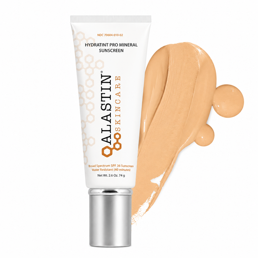 Alastin HydraTint Pro Mineral Sunscreen SPF 36 tube with tinted swatch